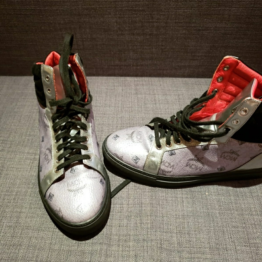 MCM Visetos silver women's high top fashion sneakers
